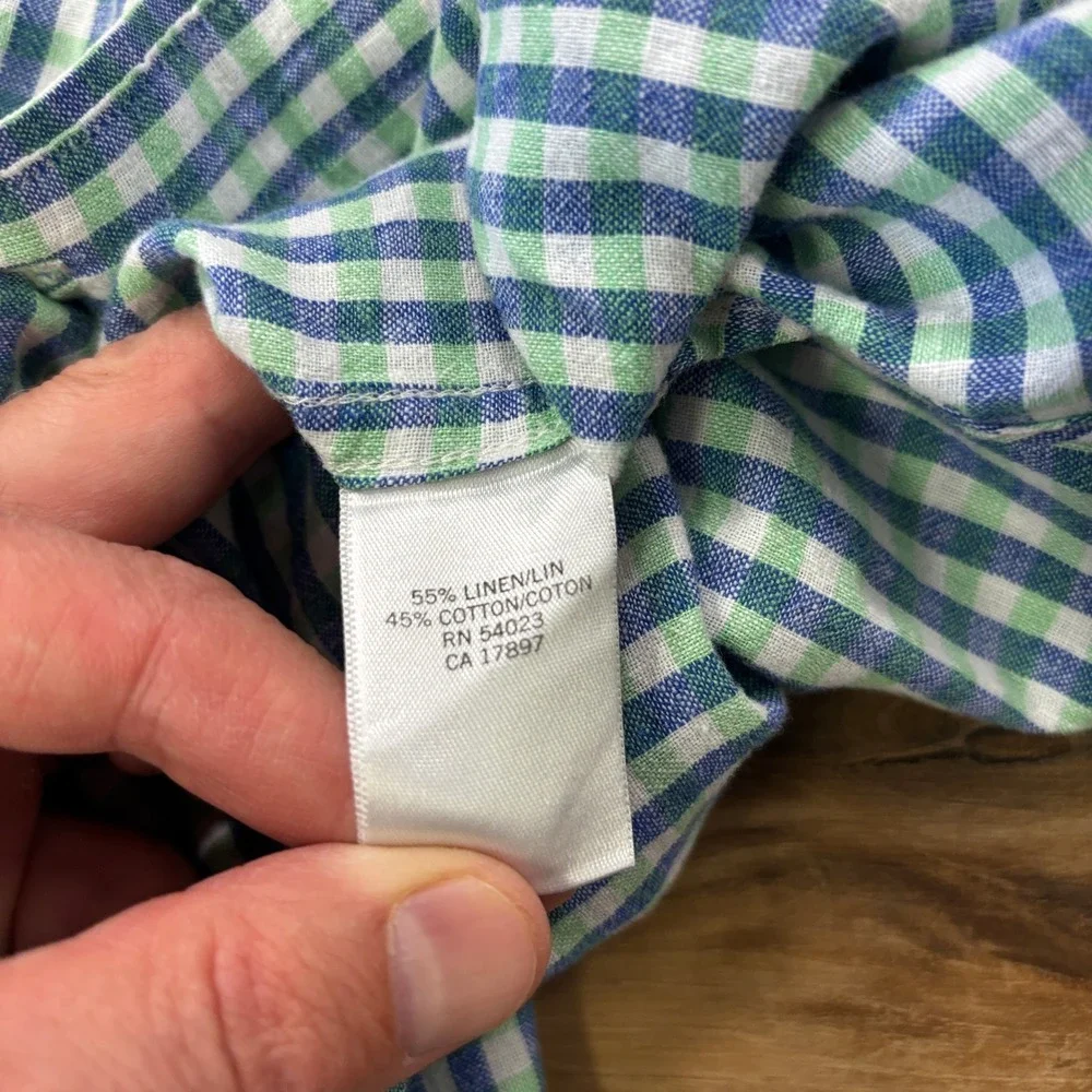 Banana Republic Button Up Shirt Large Gingham Linen Cotton Casual Green Blue